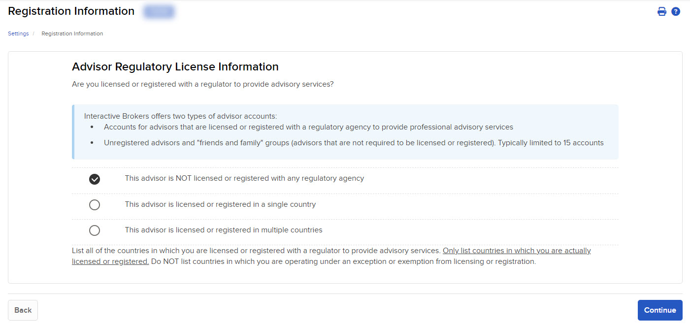 The registration information update panel in advisor portal. 